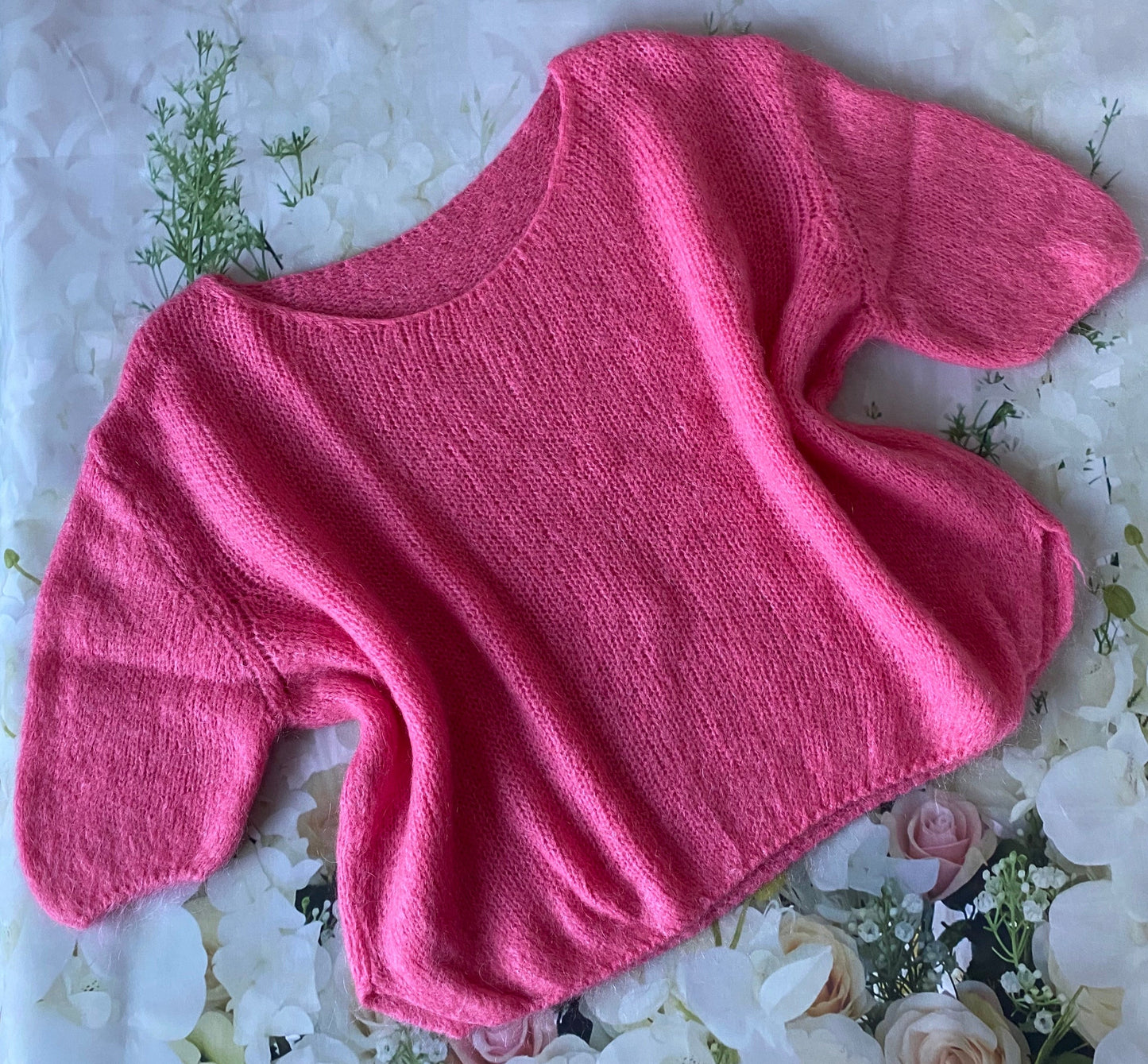 Pulover dama femeie pufos calduros modern larg tricotat roz Giulia maneca scurta mohair lana