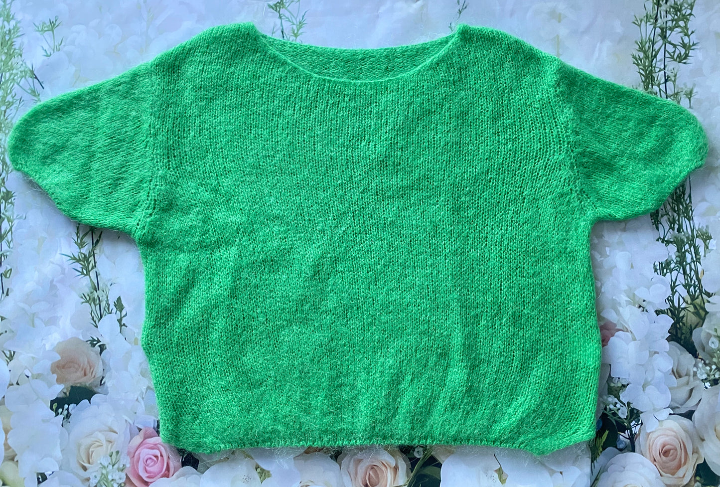 Pulover dama femeie pufos calduros modern larg tricotat verde Giulia maneca scurta mohair lana