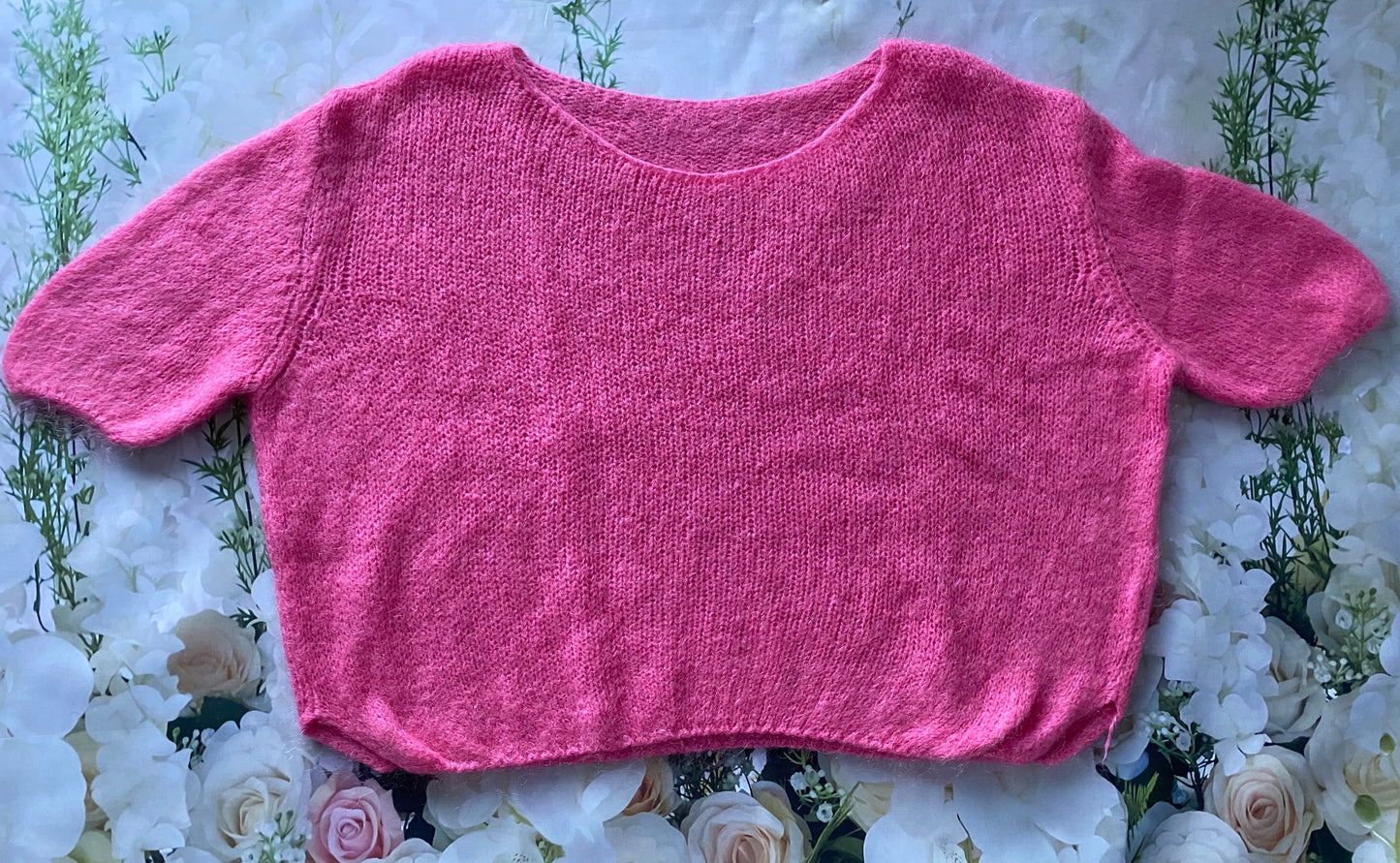 Pulover dama femeie pufos calduros modern larg tricotat roz Giulia maneca scurta mohair lana