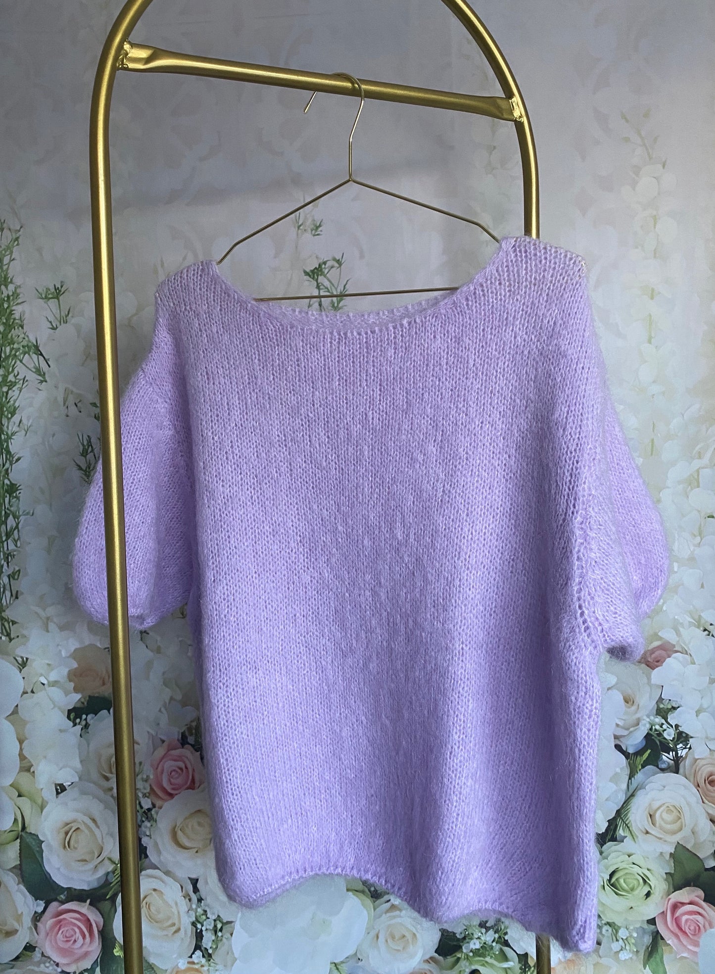Pulover Coollars dama femeie pufos calduros modern larg tricotat mov Giulia maneca scurta mohair lana