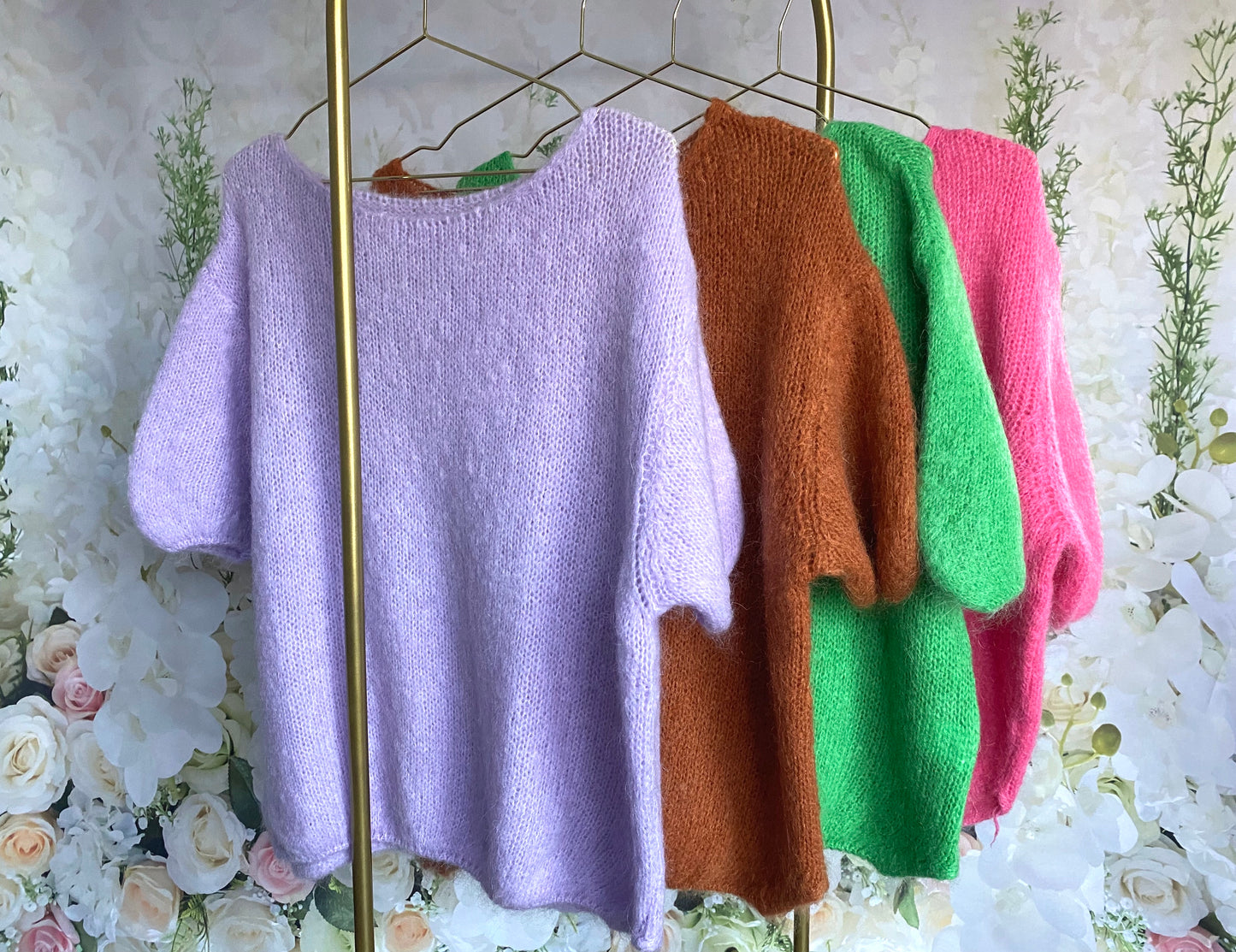 Pulover Coollars dama femeie pufos calduros modern larg tricotat maro mov roz verde Giulia maneca scurta mohair lana
