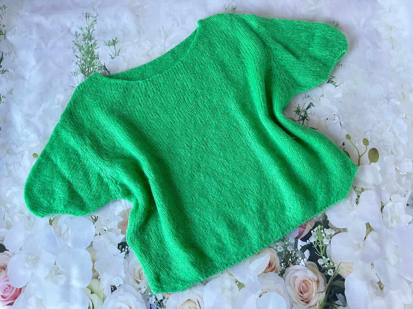 Pulover dama femeie pufos calduros modern larg tricotat verde Giulia maneca scurta mohair lana